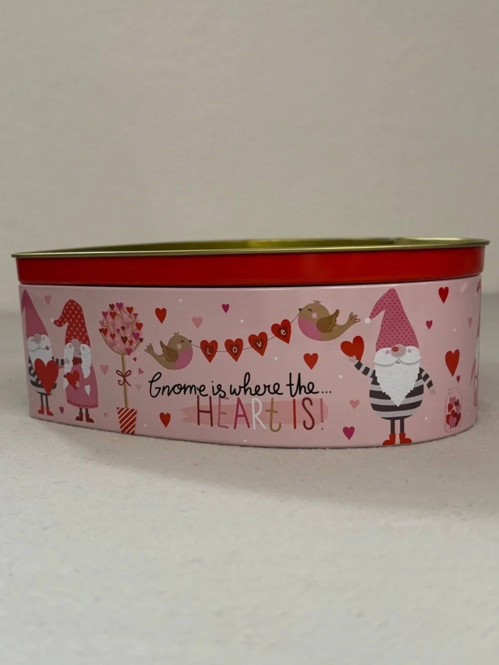 Heart-Shaped Gnome Storage Tin in Pink & Red 